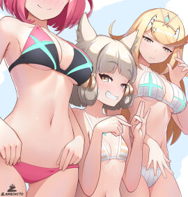 3girls :/ absurdres adapted_costume adjusting_clothes adjusting_swimsuit ass_visible_through_thighs bikini blonde_hair blush breasts chest_jewel core_crystal facial_mark female grey_hair grin head_out_of_frame highres large_breasts looking_at_another multiple_females multiple_girls mythra nia penetration_gesture pyra red_bikini red_hair small_breasts smile striped_bikini striped_clothes suggestive suggestive_gesture swimsuit tiara whisker_markings white_bikini xenoblade_(series) xenoblade_chronicles_2 zambonito