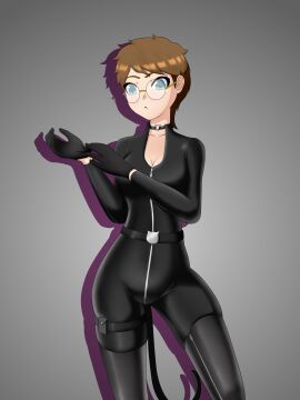 blue_eyes cant1ndausername cleavage female female_only fully_clothed glasses gloves short-haired_female short_hair tight_clothing