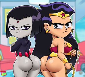 2girls arms_crossed armwear ass ass_focus ass_to_ass big_ass big_breasts black_hair blue_eyes breasts bubble_ass bubble_butt clothing dc dc_comics ear_piercing earrings female female_only forehead_jewel grey_body grey_skin headwear hips holding_weapon huge_ass huge_breasts lasso lasso_of_truth leotard long_hair multiple_females multiple_girls purple_eyes purple_hair purple_leotard radiobx raven_(dc) raven_(teen_titans_go!) short_hair side_view sideboob superheroine teen_titans teen_titans_go thighs weapon wide_hips wonder_woman wonder_woman_(teen_titans_go)