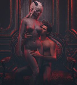 1boy 1girls 3d 3d_(artwork) baldur's_gate baldur's_gate_3 couple dark_brown_hair drow dungeons_and_dragons female forgotten_realms horned_female interspecies mahtsazizi male male/female naked_female nude nude_female raphael_(baldur's_gate) shirtless_male straight tav_(baldur's_gate) tav_(baldur's_gate)_(female) tiefling topless_male white_hair