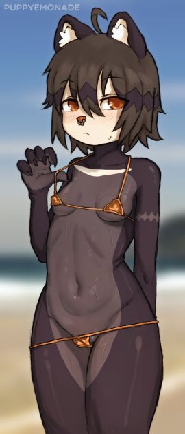 almost_naked almost_nude amber_eyes bikini blush bodily_fluids breasts dark_fur ear female flan_(puppyemonade) fluffy fluffy_ears fur fur_pattern furry hair half_furry loose_clothes nails nose nose_piercing piercing public puppyemonade skimpy skimpy_bikini skimpy_clothes small_breasts solo sweat sweating sweaty sweaty_body