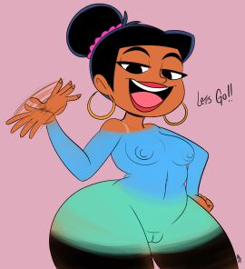 black_eyes black_hair bodypaint breasts brown-skinned_female brown_skin casey_calderon disney disney_channel eyelashes female hair_bun looking_at_viewer marvel marvel_comics moon_girl_and_devil_dinosaur motion_lines ota_(artist) painted_clothes pink_lips pink_tongue pussy solo talking_to_viewer tanline teeth thick_lips thick_thighs thigh_gap tied_hair wife_hips