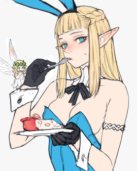2023 2girls ban ban!_(bansankan) blonde_hair blue_eyes breasts bunny_ears bunnysuit cake cake_slice cleavage dungeon_meshi duo eating elf fairy fairy_(dungeon_meshi) female food licking_lips long_hair pattadol pointy_ears size_difference wings