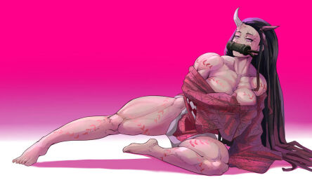 1girls aged_up alternate_breast_size big_breasts black_hair breasts calf_muscles covered_mouth demon demon_girl demon_slayer feindall female fit fit_female gagged_female kamado_nezuko markings missing_horn muscles muscular muscular_female muscular_legs muscular_thighs nezuko_(demon_form) oni oni_female pink_clothing pink_eyes tattoos
