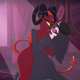 2girls absurd_res anthro anthro_on_anthro ass avian barbie_wire beak beanie big_ass big_butt bird black_body black_feathers butt clothing demon detailed_background digital_media_(artwork) duo feathers female female/female hat headgear headwear helluva_boss hi_res horn imp kissing looking_pleasured nude octavia_(helluva_boss) open_mouth open_smile owl red_body red_eyes smile thick_thighs tongue tongue_out yuri zancu