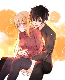 1boy alternate_costume black-haired_male black_hair black_pants black_pantyhose blonde-haired_female blonde_hair blush breasts brother_and_sister closed_eyes closed_mouth commentary_request couple doromame female fingering fingering_from_behind hair_between_eyes hug hug_from_behind large_breasts long_hair long_sleeves male nakiri_asahi nakiri_erina pants pantyhose purple_eyes ribbed_sweater shokugeki_no_souma short_hair siblings sitting smile straight sweatdrop sweater