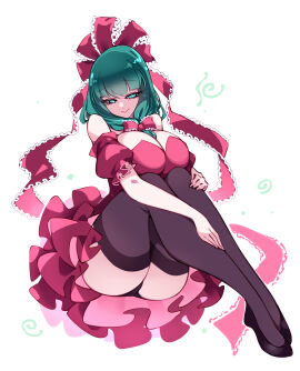1girls black_panties black_thighhighs bow breasts dress female front_ponytail green_eyes green_hair hair_bow hair_ribbon kagiyama_hina large_breasts looking_at_viewer panties raptor7 red_bow red_dress red_ribbon ribbon solo tagme thick_thighs thighhighs touhou underwear voluptuous_female white_background