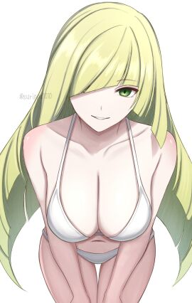 1girls big_breasts bikini bikini_bottom bikini_top blonde_hair bottomwear breast_focus breasts cleavage female female_only game_freak green_eyes hair hair_over_one_eye huge_breasts long_hair looking_at_viewer lusamine_(pokemon) mature mature_female mature_woman milf mother pokemon pokemon_sm smile solo solo_female surippa1010 swimwear thighs topwear white_bikini