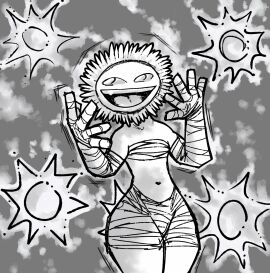bandage bandaged_arm belly belly_button black_and_white breasts covered_breasts covered_nipples creepypasta deadplants female flower_girl grey_background happy petals plant_girl plants_vs_zombies pvz raspberryguy small_breasts smile smiling sunflower sunflower_(deadplants) sunflower_(pvz) tongue white_body