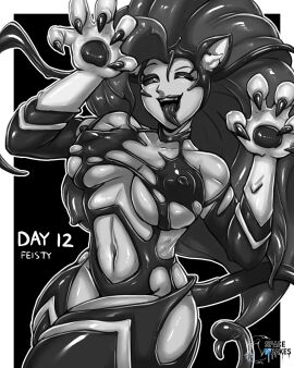 alternate_eye_color alternate_hair_color animal_ears arms_up black_choker black_eyeshadow black_hair black_lips black_sclera black_tongue blush breasts cat_ears cat_girl cat_tail choker claws cleavage colored_sclera commentary corruption crossover darkstalkers eastern_and_western_character english_commentary english_text eyeshadow felicia_(darkstalkers) female fusion greyscale happy highres large_breasts lips lipstick long_hair looking_at_viewer makeup marvel marvel_comics midriff monochrome navel nipples one_eye_closed parasite parted_lips possessed smile spacen'cakes spider-man_(series) symbiote tail tendril tongue tongue_out venom_(marvel)