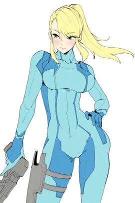41_(taskmaster41) 41yonjuichi big_breasts blonde_hair blue_eyes breasts female gun hand_on_hip large_breasts looking_away metroid narrow_waist samus_aran wide_hips zero_suit_samus