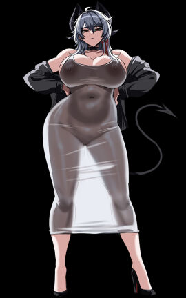1girls black_background breasts choker cleavage drogod_(artist) female female_only full_body hand_on_hip hellap hi_res high_heels horns jacket large_breasts long_hair louboutin_(shoes) nipples off_shoulder see-through simple_background solo staring_at_viewer tagme tail transparent_background transparent_clothing transparent_dress wuthering_waves zani_(wuthering_waves)