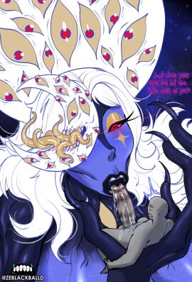 1boy 1girls :>= alien alien_girl anon anonymous_male big_dom_small_sub big_lips duo_focus eldritch_abomination eldritch_horror fellatio female fucked_silly giantess giantess_fellatio huge_cock huge_lips larger_female lipstick lipstick_mark lipstick_on_penis long_hair male multi_eye nightmare_fuel nightmare_waifu original original_character penis plump_lips size_difference size_play smaller_male sucking_penis sucking_tip teasing the_moon_god_(zeblackballd) white_hair ze_blackball.d zeblackballd_(artist)