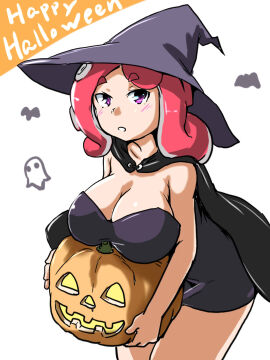 1girls bending_over big_breasts blush blushing_at_viewer breasts cleavage female halloween halloween_costume holding_object jack-o'-lantern light-skinned_female light_skin looking_at_viewer nintendo octoling octoling_girl pumpkin purple_eyes red_hair solo splatoon splatoon_(series) toraneko567 witch_costume witch_hat