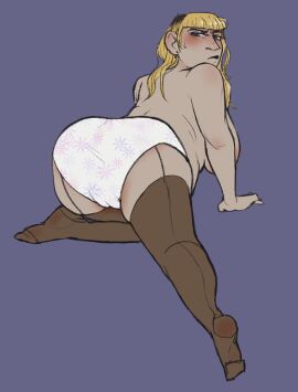 1girls ass ass_up bbw breasts chubby chubby_female fear_and_hunger fear_and_hunger:_termina female kamkatzen karin_(fear_and_hunger) karin_sauer large_ass large_breasts looking_back overweight_female panties_only pantyshot_(sitting) presenting_ass stockings