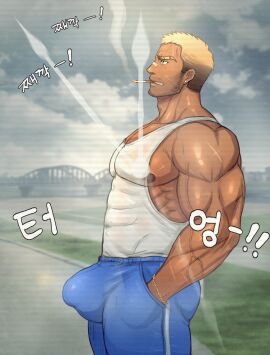 1boy adam's_apple bandaid bandaid_on_face bandaid_on_nose bara beard_stubble biceps blonde_hair blue_pants blurry blurry_background bracelet brown_eyes bulge cigarette coco342 covered_abs ear_piercing earrings eyebrow_cut facial_hair gradient_hair hand_in_pocket highres jewelry korean_text large_pectorals large_variant_set male male_focus male_only multicolored_hair muscular muscular_male mustache_stubble nipples original outdoors pants pectorals piercing scar scar_on_arm scar_on_face short_hair sidepec smoking solo stubble tank_top time_stop track_pants translation_request variant_set veins white_tank_top yaoi