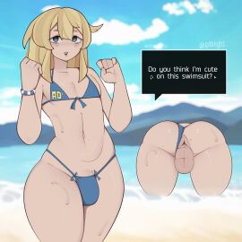 1boy 1femboy anus anus_peek ass balls beach belly belly_button bikini blonde_hair blue_eyes bridget bulge bulge_through_clothing crossdressing femboy feminine_male gdblight guilty_gear guilty_gear_strive light-skinned_male light_skin male otoko_no_ko perineum sweat swimsuit text_bubble trap