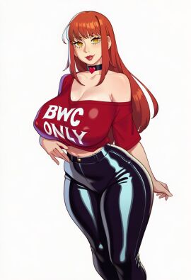 1girl ai_generated asian_female blush chainsaw_man choker hello_zepp huge_breasts latex long_hair looking_at_viewer makima_(chainsaw_man) motosierra_man queen_of_hearts red_hair solo t-shirt tagme theme_clothing thick_thighs yellow_eyes