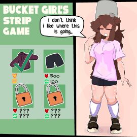 brown_hair bucket_girl_(thecoo1estslime) bucket_hat female long_hair original original_character strip_game t-shirt thecoo1estslime thick_thighs