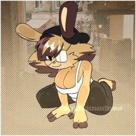 big_breasts breasts brown_leggings bunny_ears eye_patch eye_visible_through_hair female hands_on_ground large_breasts looking_at_viewer mixed_hair_color on_ground smug tight_leggings white_shirt yellow_body