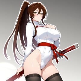 4k ai_generated anime belt big_breasts black_thighhighs bodysuit breasts brown_hair hair_between_eyes katana leotard navel ponytail suit thighhighs thighs white_bodysuit white_suit yamada_asaemon_sagiri yellow_eyes