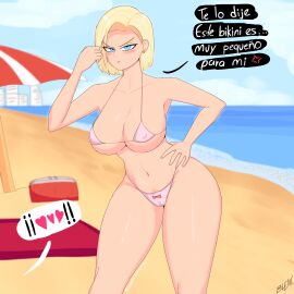android_18 beach big_breasts bikini breasts dragon_ball dragon_ball_z female milf spanish_dialogue spanish_text thecosmonaut thick_thighs