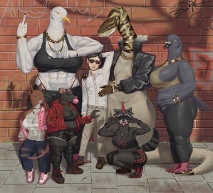 1boy 6+girls 6girls anthro bbw big_breasts bird breasts chubby chubby_female city clothing earrings female fully_clothed furry furry_female goes_hard gold_jewelry goldcrustedchicken group harem height_difference huge_breasts human interspecies jewelry male monster_girl muscular muscular_female necklace original pigeon plump python raccoon rat scalie seagull size_difference snake squirrel tail thicc thick thick_thighs urban