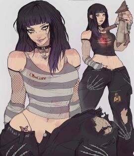 1girls 2d abs alt_girl arm_warmers black_hair breasts choker doll emo emo_girl eyeliner face_tattoo fatal_frame female female_torso fishnet_armwear fully_clothed girl_who_is_obsessed_with goth goth_girl grey_eyes heather_mason hip_tattoo konami lip_piercing lipstick low_cut_top makeup midriff midriff_baring_shirt navel_piercing no_bra nose_piercing oc original_character piercings purple_highlights pyramid_head ripped_clothing silent_hill silent_hill_2 silent_hill_3 small_breasts smirk tagme tank_top tattoo thick_thighs thong toned wide_hips yoracrab
