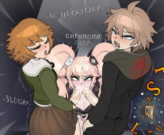 2025 2boys big_breasts big_penis bisexual bisexual_male blonde_hair breasts brown_hair captain_kirb cum cum_in_mouth danganronpa danganronpa:_trigger_happy_havoc double_barrel_blowjob double_barrel_fellatio fellatio female femboy femboy_on_female fujisaki_chihiro junko_enoshima male male/male/female naegi_makoto orgasm orgasm_face penis skirt threesome twintails