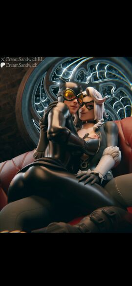 2girls 3d back back_view batman_(series) black_cat_(fortnite) black_cat_(marvel) catwoman catwoman_(fortnite) creamsandwich dc dc_comics felicia_hardy female fortnite fortnite:_battle_royale latex latex_suit leather leather_boots leather_clothing marvel marvel_comics selina_kyle smiling smiling_at_viewer spider-man_(series) touching touching_ass