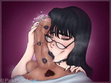 1boy 1girls 2d 2d_(artwork) balls black_hair black_lipstick blowjob bottomless choker digital_drawing_(artwork) digital_media_(artwork) erect_penis erection eye_contact female female_focus foreskin fringe glasses goth handjob heart-shaped_pupils horny horny_female jane_(summertime_saga) kiss_mark kissing_penis lipstick lipstick_mark lipstick_marks lipstick_on_penis long_hair looking_at_viewer male male/female milf one_eye_closed oral passionate_fellatio penis penis_on_face pinkplutoart pov pov_eye_contact precum precum_bubble precum_drip precum_on_penis pubic_hair shirt shirt_lift shirt_up simple_background smooth_penis stroking stroking_penis sucking sucking_penis summertime_saga topwear trimmed_pubic_hair uncircumcised uncut watermark