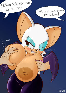 absurd_res angry anthro bat big_breasts blush breast_grab breasts clothed clothing dialogue digital_media_(artwork) english_text eyeshadow female gloves grope group hand_on_breast handwear hi_res hornamoo huge_breasts human interspecies makeup mammal membrane_(anatomy) membranous_wings nipples restrained rouge_the_bat sega simple_background sonic_(series) sonic_the_hedgehog_(series) teeth text trio wings