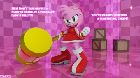 1girls amy_rose angry anthro belly blender blender_cycles blush boots box bracelet breasts clothed crate dialogue dress eyelashes female furry gloves green_eyes hairband hammer hedgehog heel_boots hi_res inkloving looking_at_viewer mobian_(species) piko_piko_hammer pink_body pink_hair pregnant pregnant_belly pregnant_female sega simple_background sonic_(series) sonic_the_hedgehog_(series) spines talking_to_viewer watermark