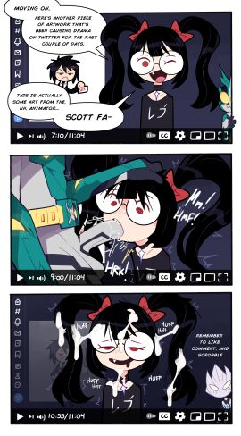 1girls black_hair blowjob correction cum cum_on_body cum_on_face english_text female glasses looking_pleasured male marvel marvel_comics miscon peni_parker penis ponytails rev_says_desu shaking spider-man_(series) talking_to_viewer text twitter uncensored virtual_youtuber vtuber youtube youtuber_character