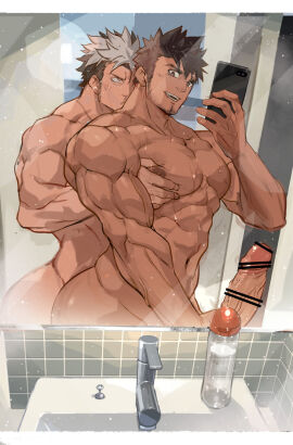 2boys abs ass ass_bigger_than_head bara basin bathroom beard_stubble big_areola big_ass big_breasts big_penis breasts brown_hair bubble_ass bubble_butt cellphone censor_bar censored censored_penis collarbone completely_nude duo erection faucet foreskin foreskin_folds gay grey_hair hi_res holding_breast holding_object holding_penis huge_cock indoors long_penis lubricant male male/male male_only mirror mirror_reflection mirror_selfie multicolored_hair muscles muscular muscular_arms muscular_ass muscular_male nikism nude open_mouth original original_character pecs penis selfie short_hair smartphone sousuke000 squeezing squeezing_breast thick_arms thick_ass thick_neck thick_penis uncircumcised veiny_arms veiny_muscles veiny_penis wet wet_body yaoi