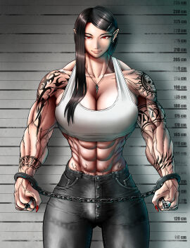 1futa alternate_version_at_source big_breasts black_hair breasts bulge bulge_through_clothing cleavage dopperx8 earrings futa_only futanari handcuffs intersex long_ears midriff mugshot muscles muscular muscular_futa necklace pants pointy_ears red_eyes solo solo_futa standing tank_top tattoo veiny_muscles