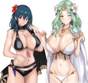 2girls bare_shoulders belt bikini black_belt black_bikini black_choker blue_eyes blue_hair breasts byleth_(fire_emblem) byleth_(fire_emblem)_(female) byleth_(summer)_(fire_emblem)_(female) cape choker cleavage commentary_request covered_erect_nipples cowboy_shot dagger female fire_emblem fire_emblem:_three_houses fire_emblem_heroes flower green_eyes green_hair hair_flower hair_ornament hand_up highres knife large_breasts long_hair looking_at_viewer mali-sa multiple_females multiple_girls navel nintendo official_alternate_costume red_flower rhea_(fire_emblem) rhea_(summer)_(fire_emblem) sideboob simple_background smile standing stomach swimsuit weapon white_background white_bikini white_cape white_flower