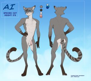 5_fingers ai_(boxneko) anthro balls biped blue_eyes color_swatch countershade_face countershade_fur countershade_neck countershade_torso countershading digitigrade domestic_cat eyewear felid feline felis fingers flaccid foreskin fur genitals glasses grey_body grey_fur hi_res humanoid_genitalia humanoid_penis male mammal model_sheet penis peritian solo tail uncircumcised