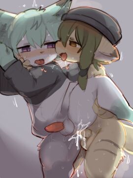 absurd_res accessory after_kiss anal anal_sex animal_genitalia animal_penis anthro ass band-aid band-aid_on_face bandage bandage_on_face blush bodily_fluids bottomless bottomless_male brown_eyes canid canine canis claws clothed clothing cum cum_in_ass cum_inside cum_on_ass cum_on_butt cum_on_own_penis cum_on_penis cum_on_self dipstick_ears domestic_cat domestic_dog duo ear_markings eye_contact felid feline felis finger_claws genital_fluids genitals green_hair hair hair_accessory hair_tie heart_symbol hi_res humanoid_genitalia humanoid_penis leg_markings looking_at_another male male/male mammal markings multicolored_ears narrowed_eyes noriburu open_mouth penetration penile penile_penetration penis penis_in_ass purple_eyes saliva saliva_string sex socks_(marking) tongue tongue_out white_body