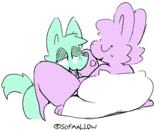 ambiguous_gender anthro bodily_fluids canid canine canis drooling duo fellatio futanari intersex intersex/ambiguous interspecies lagomorph leporid mammal no_shading oral penile penis pillow predator/prey rabbit saliva sex simple_background sofmallow wolf