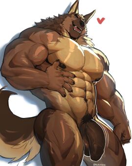 2024 5_fingers abs absurd_res anthro ass balls big_balls big_muscles big_penis black_nose brown_balls brown_body brown_claws brown_countershading brown_fur brown_nipples brown_penis canid canine canis cheek_tuft claws countershade_snout countershade_torso countershading domestic_dog facial_tuft fangs fingers flaccid fluffy fluffy_tail foreskin fur genitals german_shepherd heart_symbol hi_res looking_at_viewer male mammal multicolored_body multicolored_fur muscles muscular muscular_anthro muscular_male navel neck_tuft nipples o_reowoof open_mouth open_smile pecs penis pubes reolixious side_butt simple_background smile snout solo tail tan_body tan_countershading tan_fur teeth thick_neck tuft uncircumcised unretracted_foreskin vein veiny_penis white_background