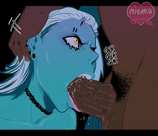 2024 balls blowjob blue_body bodily_fluids dark-skinned_male dark_skin deepthroat demon demon_humanoid duo ear_piercing ear_ring erection face_fucking fellatio female genitals hair hi_res horn horned_humanoid human human_on_humanoid humanoid interspecies irrumatio male male/female mammal mizaru nude onomatopoeia oral oral_penetration orange_eyes penetration penile penis piercing pubes ring_piercing saliva saliva_on_penis sex sound_effects text tongue tongue_out tongue_out_blowjob white_hair