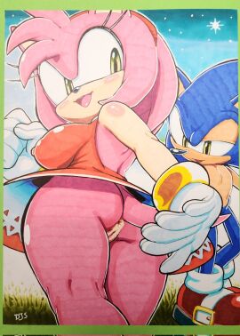 1boy 1girls amy_rose anus ass female hotred male pussy rockthebull sonic_(series) sonic_the_hedgehog traditional_media_(artwork)