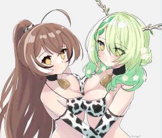 2girls beauty_mark bell_collar breasts brown_hair ceres_fauna choker cow_print cowbell cowlick exposed_breasts female flowers_in_hair green_hair hololive hololive_english hololive_english_-council- hololive_english_-promise- horns long_sleeves looking_at_viewer magui multiple_females multiple_girls nanashi_mumei ponytail pov pov_eye_contact pressing_breasts_together single_braid virtual_youtuber yellow_eyes