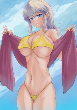 1girls big_breasts bikini blue_eyes breasts busty cleavage double_v female female_only grey_hair grin half-closed_eyes highres large_breasts legs looking_at_viewer low_ponytail naughty_face navel original smile solo swimsuit thick_thighs thighs thong_bikini underboob v yellow_bikini