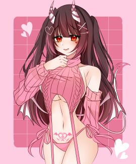 1girls bare_shoulders blush breasts chibi_(chibipower) chibipower demon female hairclip heart_hair_ornament heart_tattoo looking_at_viewer pink_panties pubic_tattoo ribbons shy stomach succubus succubus_horns succubus_tail succubus_wings underboob virgin_destroyer_sweater virtual_youtuber vtuber