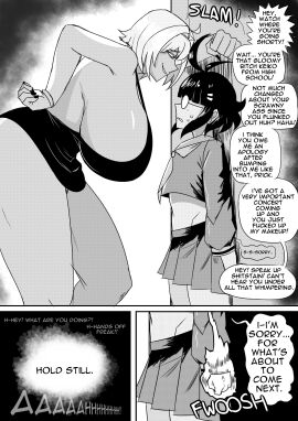 2girls against_wall ass ass_expansion asset_stealing attribute_swap attribute_theft breast_expansion breast_growth breast_growth_(enlargement) breasts bullying comic comic_page dialogue emmarrgus expansion female height_growth huge_ass huge_breasts keiko_(emmarrgus) onomatopoeia original original_character page_1 personality_change revenge school_uniform serafuku shrinking size_difference spirit