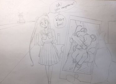 1boy 1girls balls bishoujo_senshi_sailor_moon breasts english_text erection feline female fullmetalsketch gloves juxtaposition long_penis luna_(sailor_moon) male nude open_mouth outdoors penis penis_on_face penis_over_eyes phone photo_comparison pov sailor_moon school_uniform sketch speech_bubble testicles traditional_media_(artwork) twintails uncensored usagi_tsukino