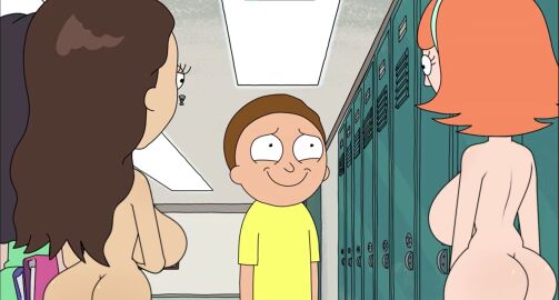 1boy 3girls ass backboob big_ass big_breasts breasts casual casual_nudity clothed_female_nude_female clothed_male_nude_female edit female hallway hanging_breasts holly_hooks huge_breasts jessica_(rick_and_morty) male morty_smith nerota nude public public_nudity rick_and_morty school schoolgirl student teasing tricia_lange