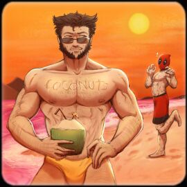 2boys baimonbluewhale body_writing bulge deadpool flaccid gay hairy holding male male_focus male_only male_swimwear marvel marvel_comics muscular muscular_male nipples pectorals penis red_mask short_hair sun sunglasses sweat wolverine_(x-men) x-men yaoi